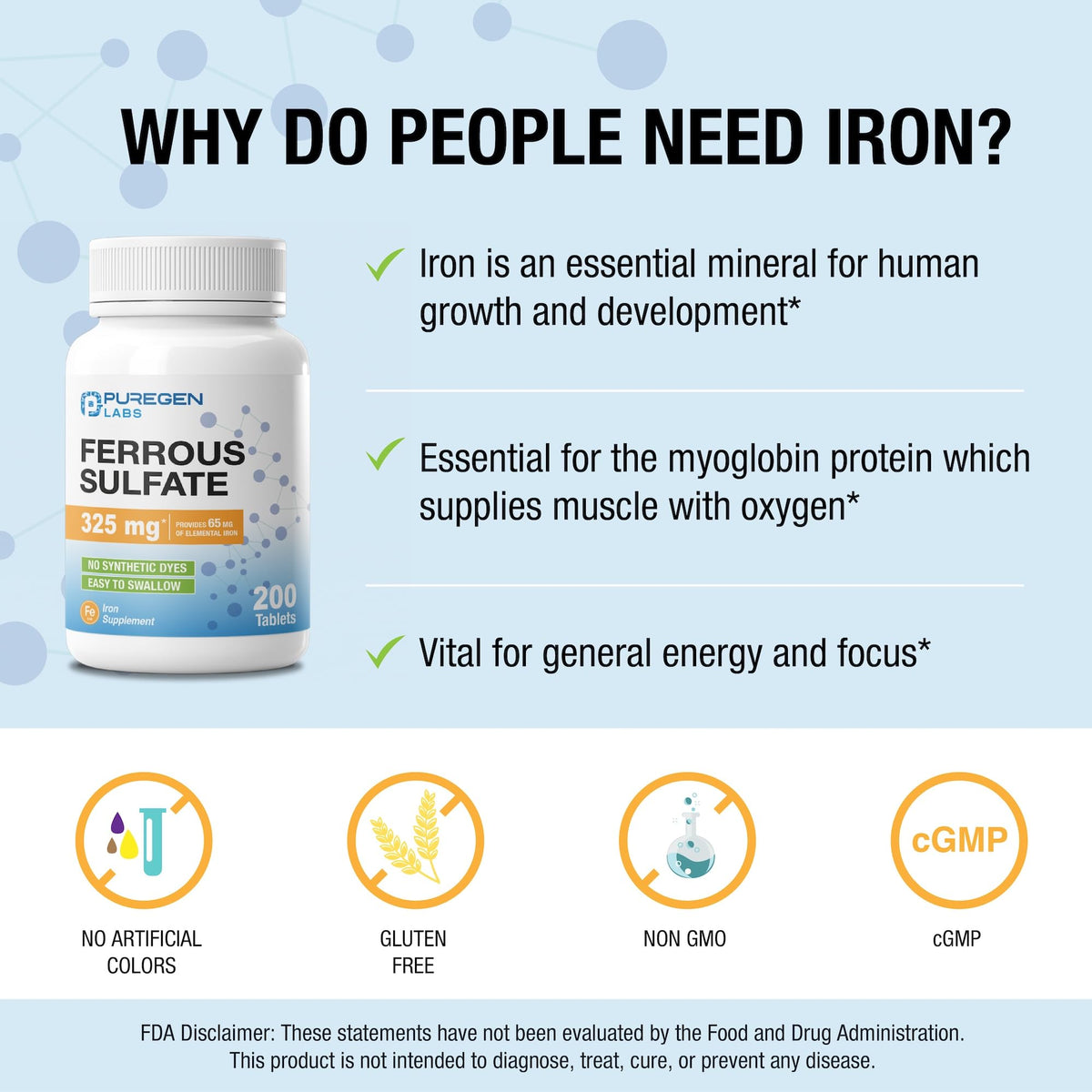 Puregen Labs Ferrous Sulfate 325 mg (65 mg Elemental Iron) High Potency Iron Supplement | No Artificial Color Additives - 200 Tablets - PrimeBioHealth - canada supplements