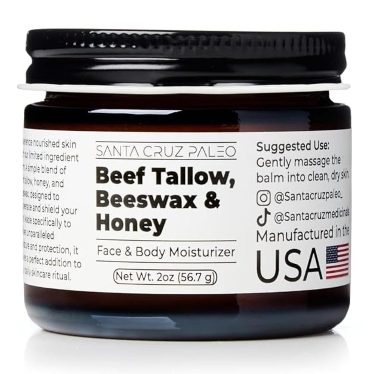 Santa Cruz Paleo, Beef Tallow, Beeswax & Honey Face Moisturizer, Organic, Unscented Grassfed Beef Tallow Skin Care, Sunscreen Free - PrimeBioHealth - canada supplements