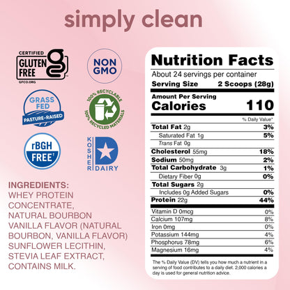 simply tera's Pure Whey Protein Powder - Grass Fed Vanilla Whey Protein Powder, Clean, Made Without Artificial Sweeteners, Non-GMO, Kosher, rBGH-Free, Soy-Free - 24 Oz - PrimeBioHealth - canada supplements