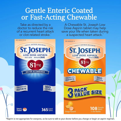 St. Joseph Aspirin Pain Reliever (NSAID) 81mg, Chewable Orange Tablets Adult Low Dose Regimen , 108 ct (3 x 36 ct Tablets per Bottle) - PrimeBioHealth - canada supplements
