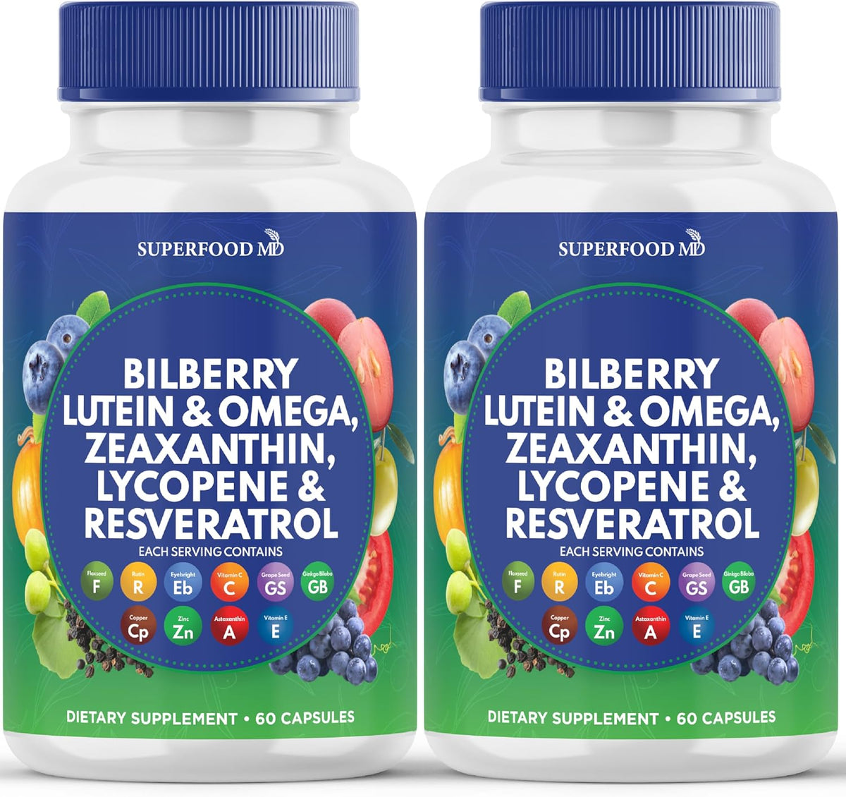 Superfood MD Eye Health Vitamins with Bilberry Lutein & Zeaxanthin Lycopene 40mg Resveratrol Grape Seed Extract Astaxanthin- AREDS 2 - Eye Vitamin - 120 Capsules - PrimeBioHealth - canada supplements