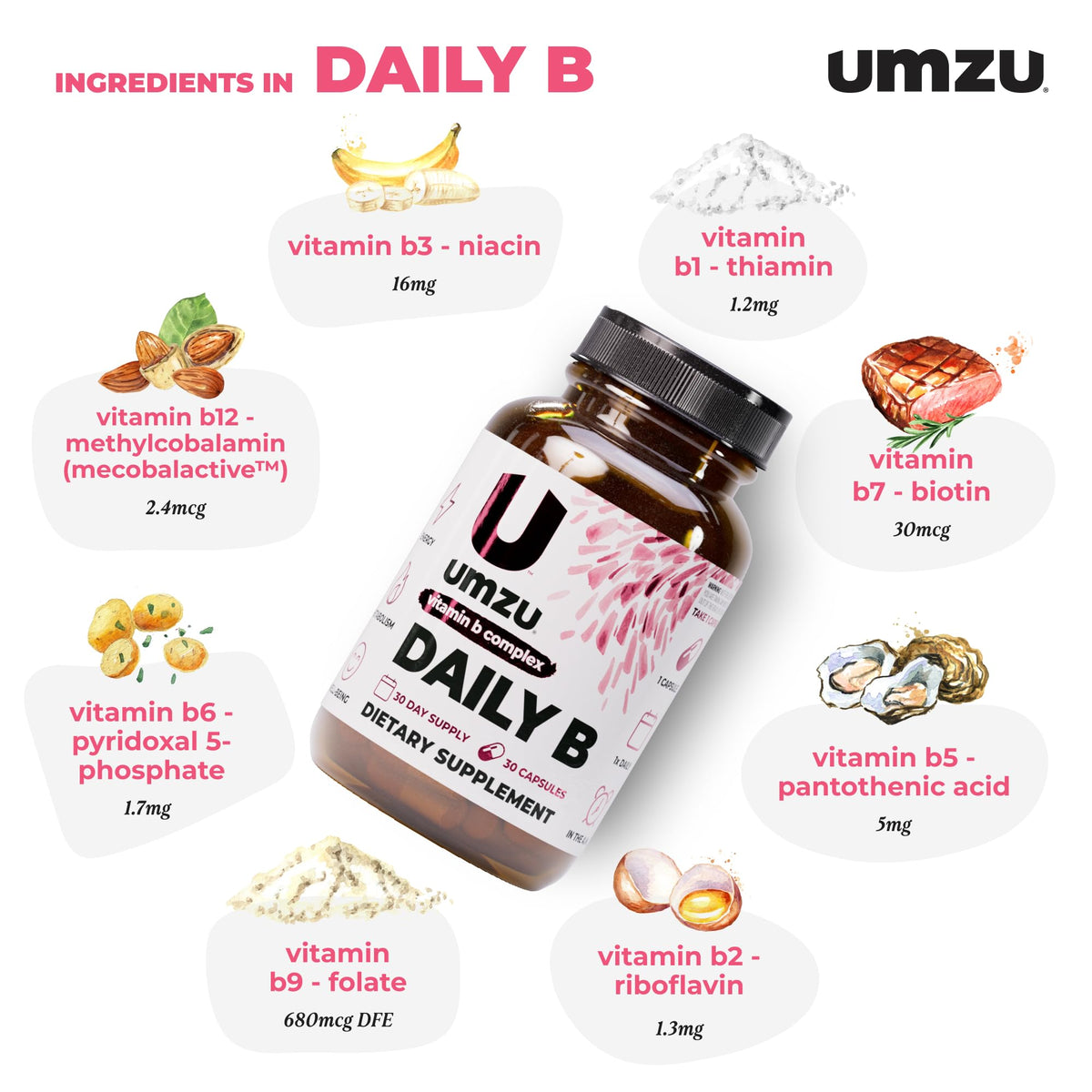 UMZU Daily B, 30 Day Supply – Complete Vitamin B Complex Supplement Blend with B1, B2, B3, B5, B6, B7, B9 & B12 Plus Folic Acid & Biotin – Supports Energy, Focus, Mood, - PrimeBioHealth - canada supplements