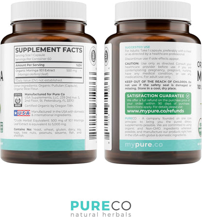 USDA Organic Moringa Capsules - High Potency Organic Moringa 500mg Extract 10:1 Per 1 Capsule Serving - Nutrient Dense Green Superfood Antioxidant - Vegan & Non-GMO Moringa (2 Month Supply) - PrimeBioHealth - canada supplements