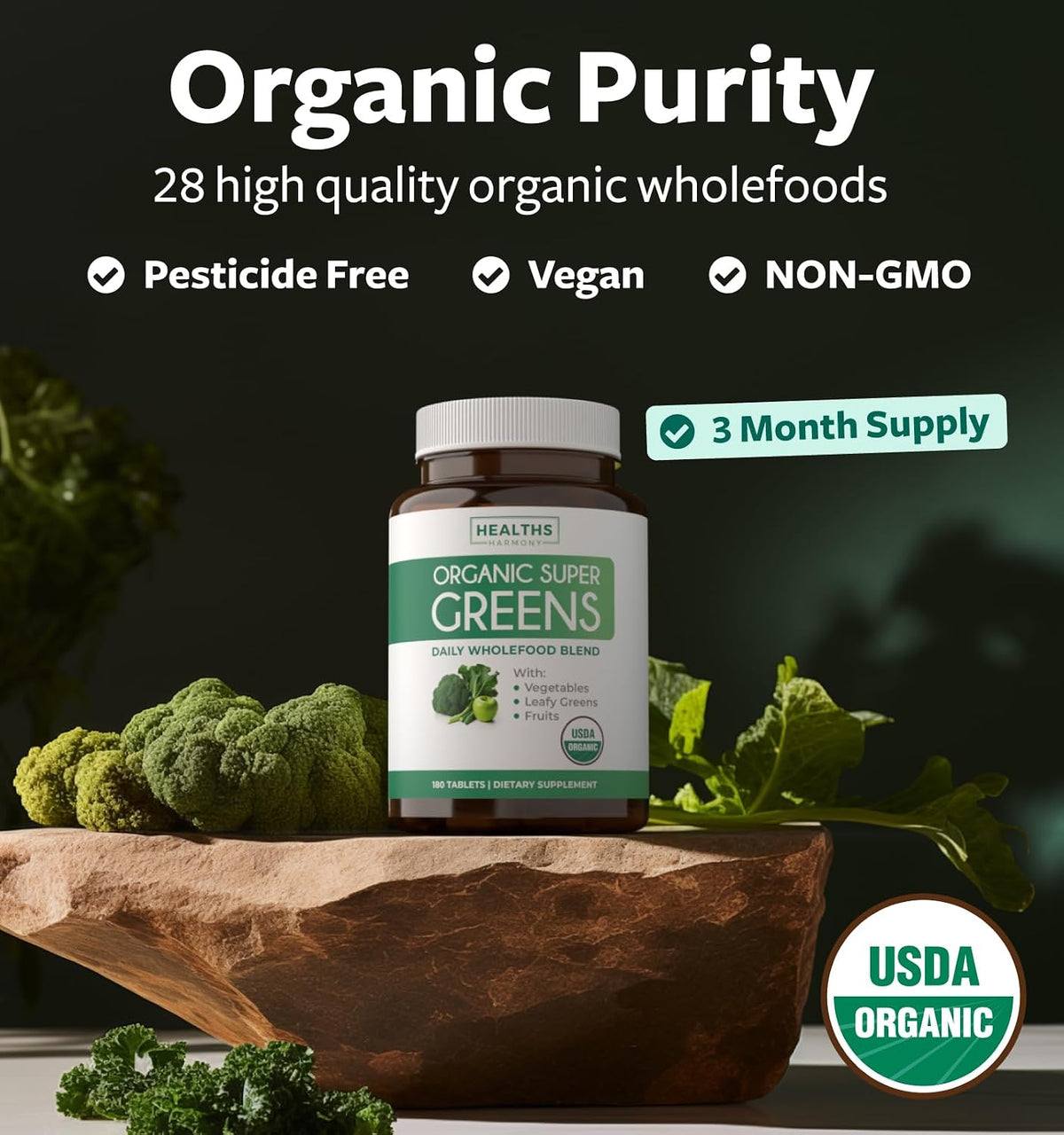 USDA Organic Super Greens Supplement - Organic Greens Fruits and Vegetable Supplement for Adults with 28 Superfood Complex with Superfruits Roots Herbs & More - Vegan & Non-GMO (Up to 3 Month Supply) - PrimeBioHealth - canada supplements