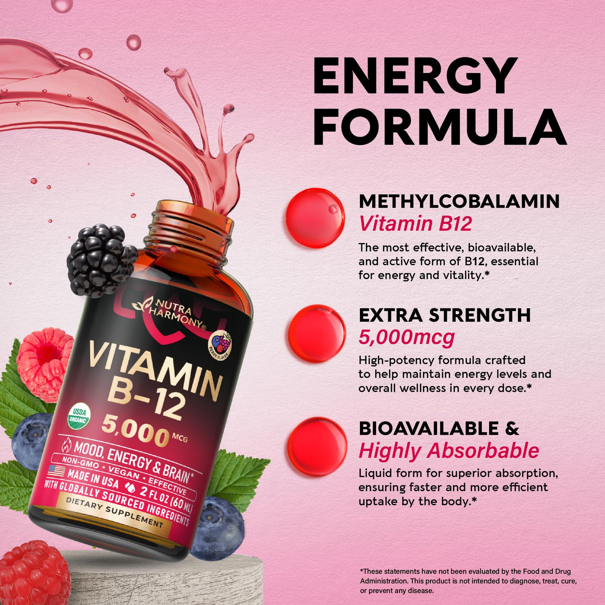 USDA Organic Vitamin B12 Sublingual Drops - 5000 mcg Liquid Vegan Methylcobalamin for Women & Men - Energy Boost, Focus & Mood, Brain Health Support - PrimeBioHealth - canada supplements