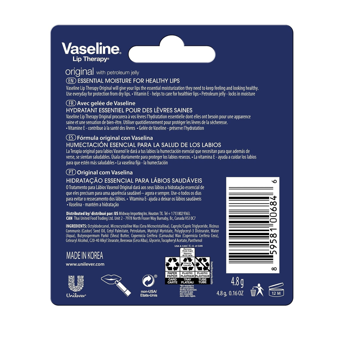 Vaseline Lip Therapy Care Original, Fast-Acting Nourishment, Ideal for Chapped, Dry, Cracked, or Damaged Lips - PrimeBioHealth - canada supplements