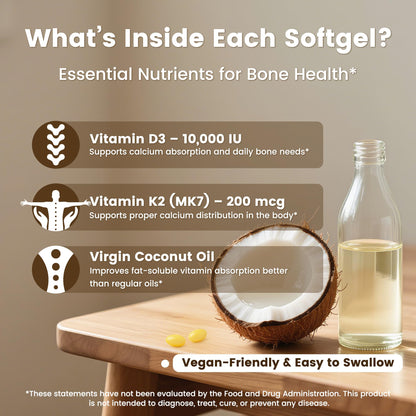 VEV Corefeel Vitamin D3 K2 10,000 IU, 200 mcg MK-7, 300 Coconut Oil Softgels, 2 in 1 Vitamins Supplement D & K (Include MK7), Easy to Swallow - PrimeBioHealth - canada supplements