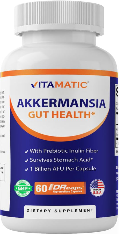 Vitamatic Akkermansia Muciniphila Gut Health - 60 DR Capsules (Delayed Released) - Made with Prebiotic Inulin Fiber - PrimeBioHealth - canada supplements