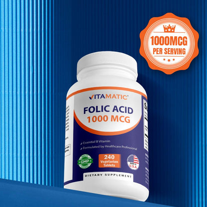Vitamatic Folic Acid 1000 mcg (1 mg) - Vegetarian Tablets - 1667 mcg DFE - Vitamin B9 (240 Count (Pack of 1)) - PrimeBioHealth - canada supplements