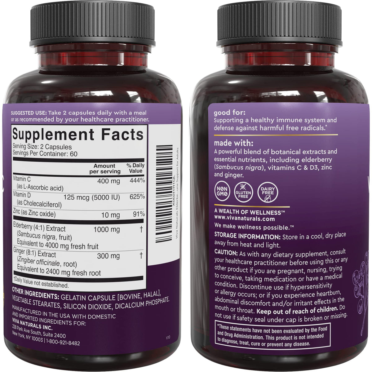 Viva Naturals Elderberry with Vitamin C and Zinc for Adults - 5 in 1 Sambucus Black Elderberry Capsules with Vitamin D3 5000 IU Immunity Supplement - PrimeBioHealth - canada supplements