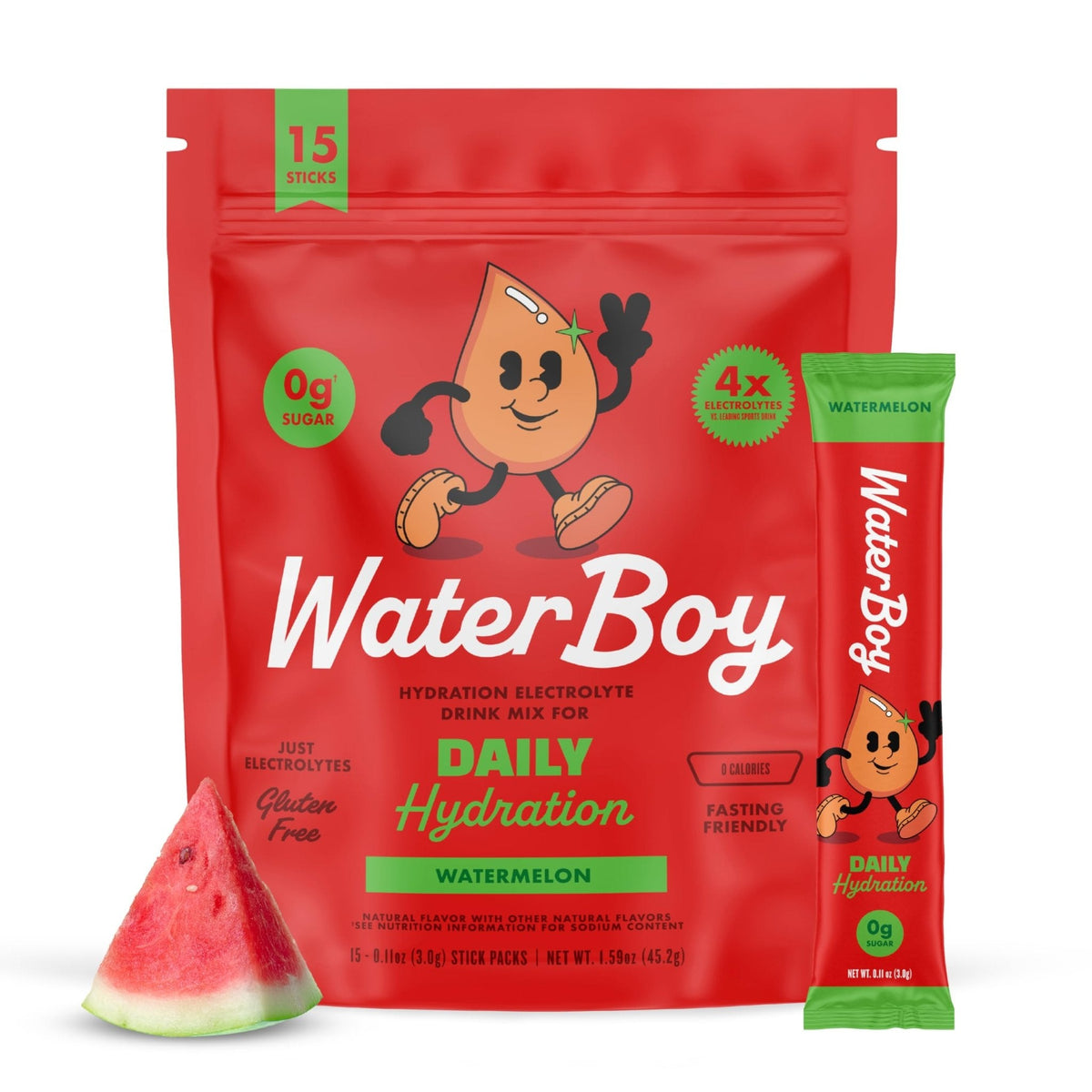 Waterboy Daily Hydration | 1,570mg Electrolyte Powder Packets | No Sugar, All Natural, Gluten Free, Zero Calories | 15 Drink Stick Mixes (Watermelon) - PrimeBioHealth - canada supplements