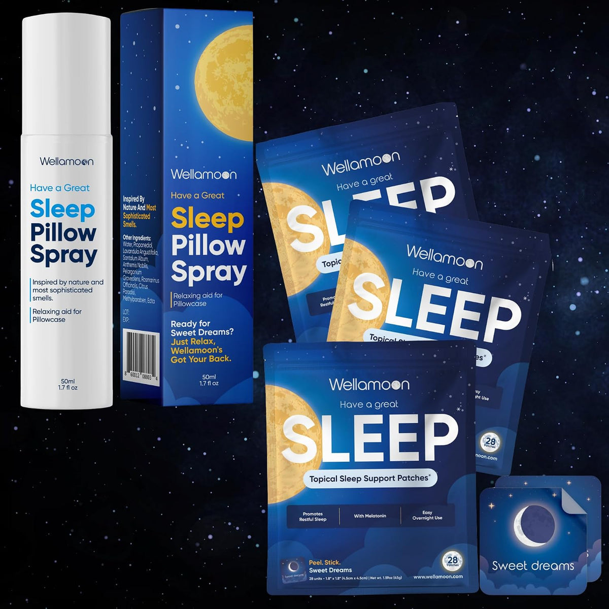 Wellamoon Ultimate Sleep Bundle – Lavender Pillow Spray & 3-Pack Extra Strength Sleep Patches (84 Patches Total) – Long-Lasting Nighttime Support with Melatonin & Valerian - PrimeBioHealth - canada supplements