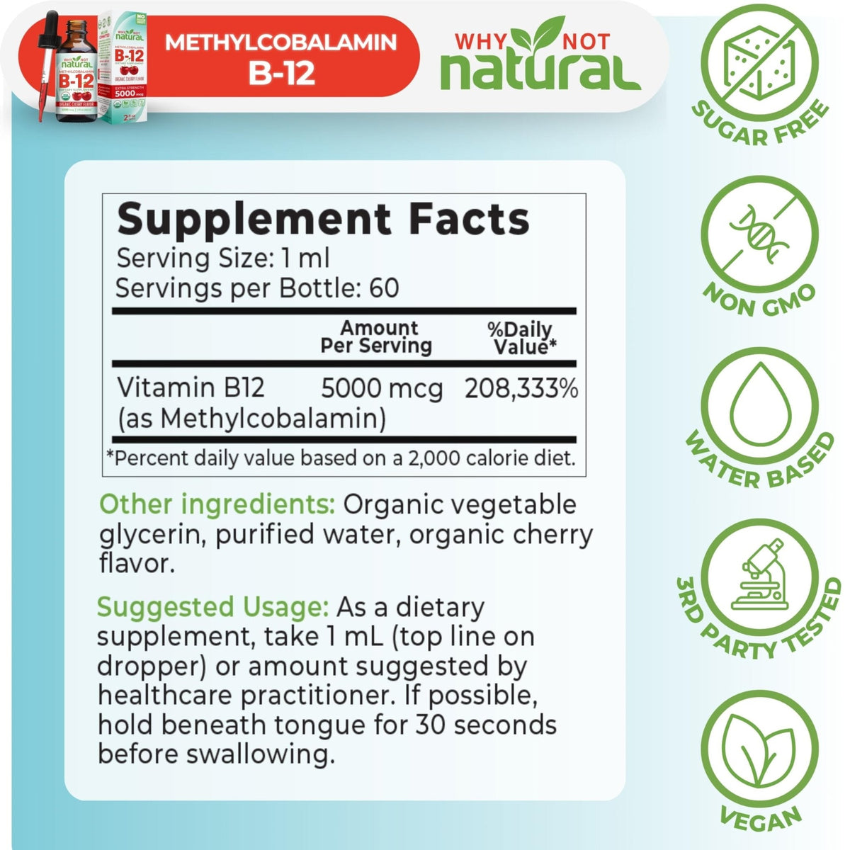 Why Not Natural Organic Vitamin B12 Liquid - Sublingual Extra Strength 60 x 5000 mcg Methylcobalamin Drops, Vegan, - PrimeBioHealth - canada supplements