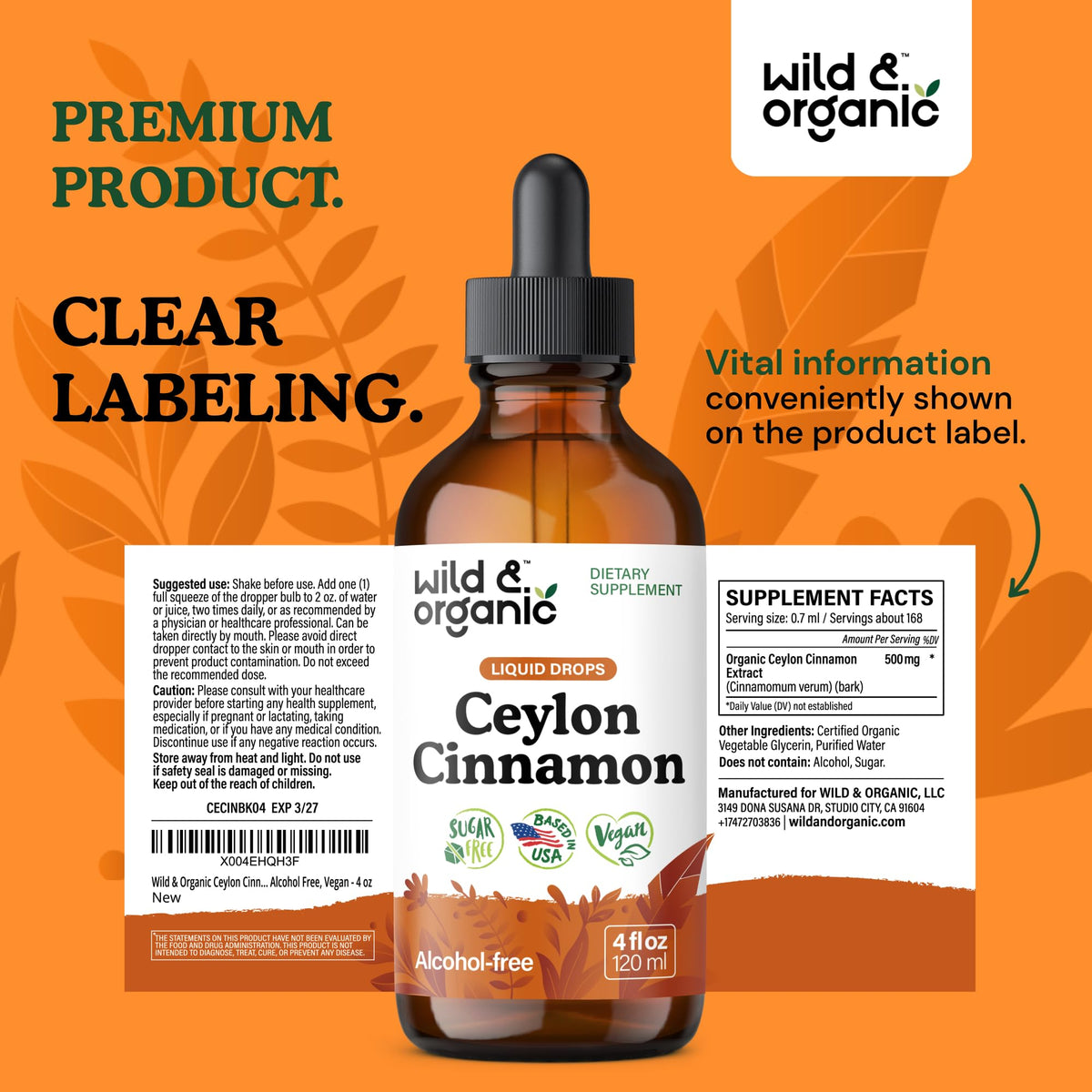 Wild & Organic Ceylon Cinnamon Supplements 500mg - Antioxidant Support - Ceylon Cinnamon Drops - Add to Tea Liquid Extract - Cinnamomum Verum Bark - Unflavored, Sugar & Alcohol-Free Tincture - 4 fl oz - PrimeBioHealth - canada supplements