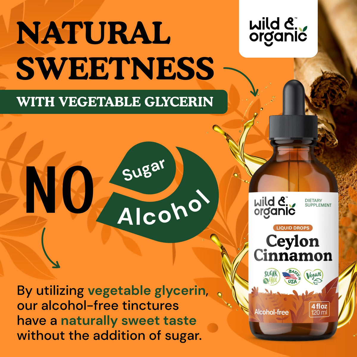 Wild & Organic Ceylon Cinnamon Supplements 500mg - Antioxidant Support - Ceylon Cinnamon Drops - Add to Tea Liquid Extract - Cinnamomum Verum Bark - Unflavored, Sugar & Alcohol-Free Tincture - 4 fl oz - PrimeBioHealth - canada supplements