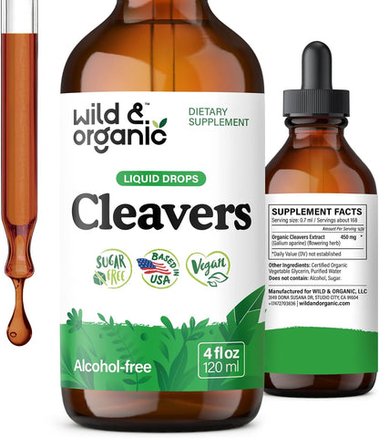 Wild & Organic Cleavers Lymphatic Drainage Drops - Cleavers Herb for Natural Detox Support - Add to Tea Tincture - Galium Aparine Leaf Extract Supplement - Vegan, Sugar & Alcohol-Free - 4 fl oz - PrimeBioHealth - canada supplements