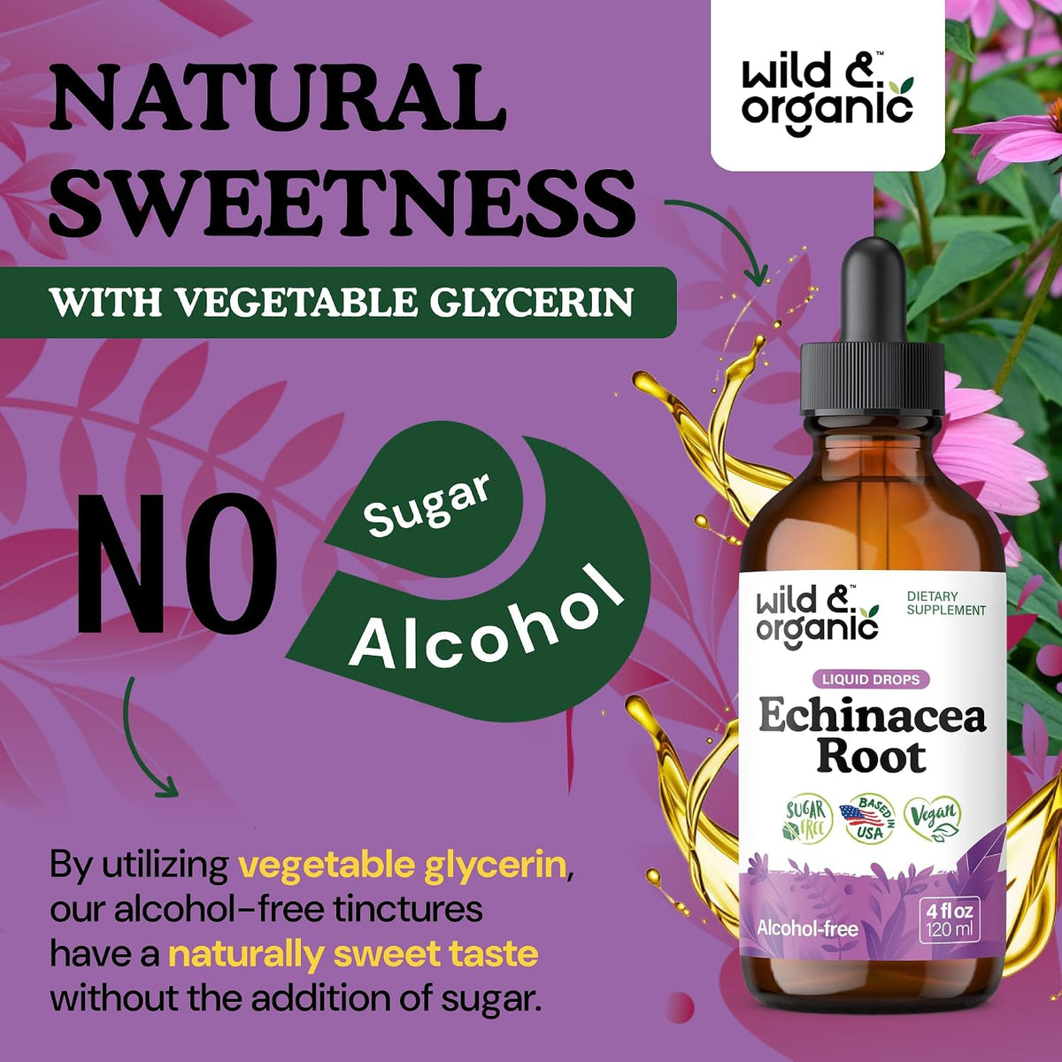 Wild & Organic Echinacea Drops - Immune & Lymphatic Drainage Drops - Liquid Echinacea Supplement - Add to Tea Tincture - Angustifolia Herb Extract - Vegan, Sugar & Alcohol-Free - 4 fl oz - PrimeBioHealth - canada supplements