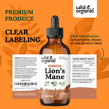 Wild & Organic Lions Mane Liquid Drops - Brain & Focus Support - Lion's Mane Mushroom Supplement - Hericium Erinaceus Mushroom Drops - Mix with Powder - Sugar & Alcohol-Free Extract Tincture - 4 oz - PrimeBioHealth - canada supplements