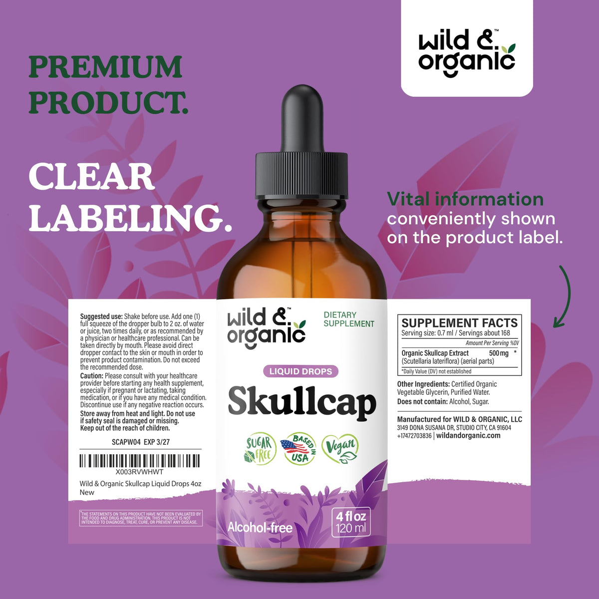 Wild & Organic Skullcap Herb Tincture - Skullcap Supplement for Mood Support - Relaxing Liquid Extract Drops - Vegan, Sugar & Alcohol-Free - 4 fl oz - PrimeBioHealth - canada supplements