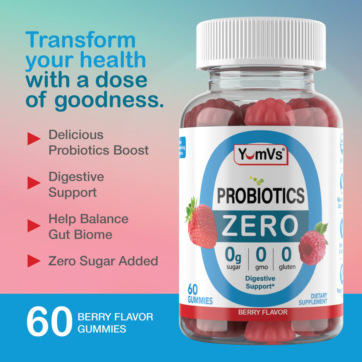 YUM-V'S Sugar Free Probiotic Gummies - Probiotics for Men & Women to Help Support Digestive Function – Adults & Kids Probiotic with 5 Billion CFU Bacillus Coagulans – Vegan & Gluten-Free (60 Count) - PrimeBioHealth - canada supplements