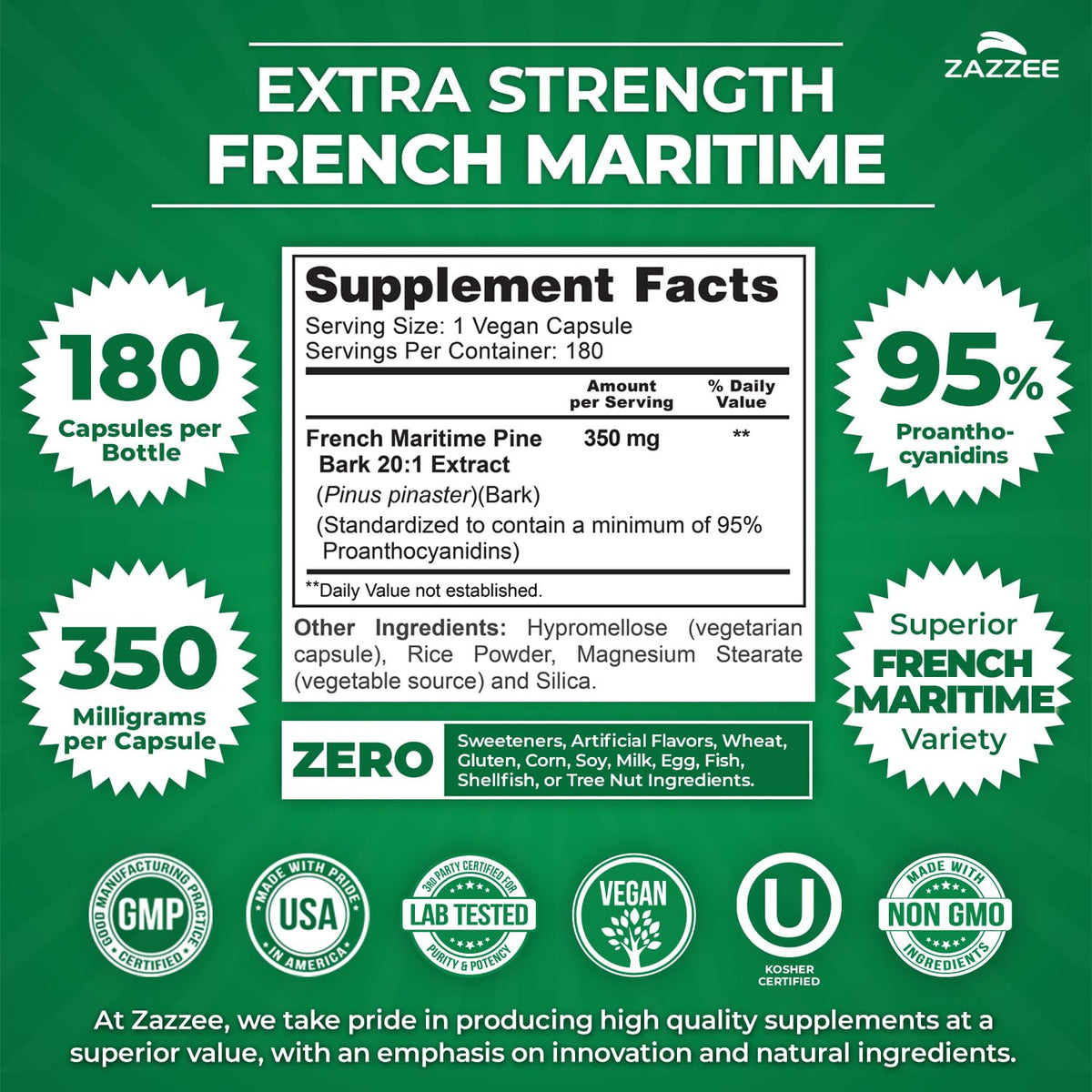 Zazzee Extra Strength French Maritime Pine Bark Extract 20:1, 350 mg Per Capsule, 95% Proanthocyanidins, 180 Vegan Capsules, 6 Month Supply, Certified Kosher, Antioxidant Support, Non-GMO, Made in USA - PrimeBioHealth - canada supplements