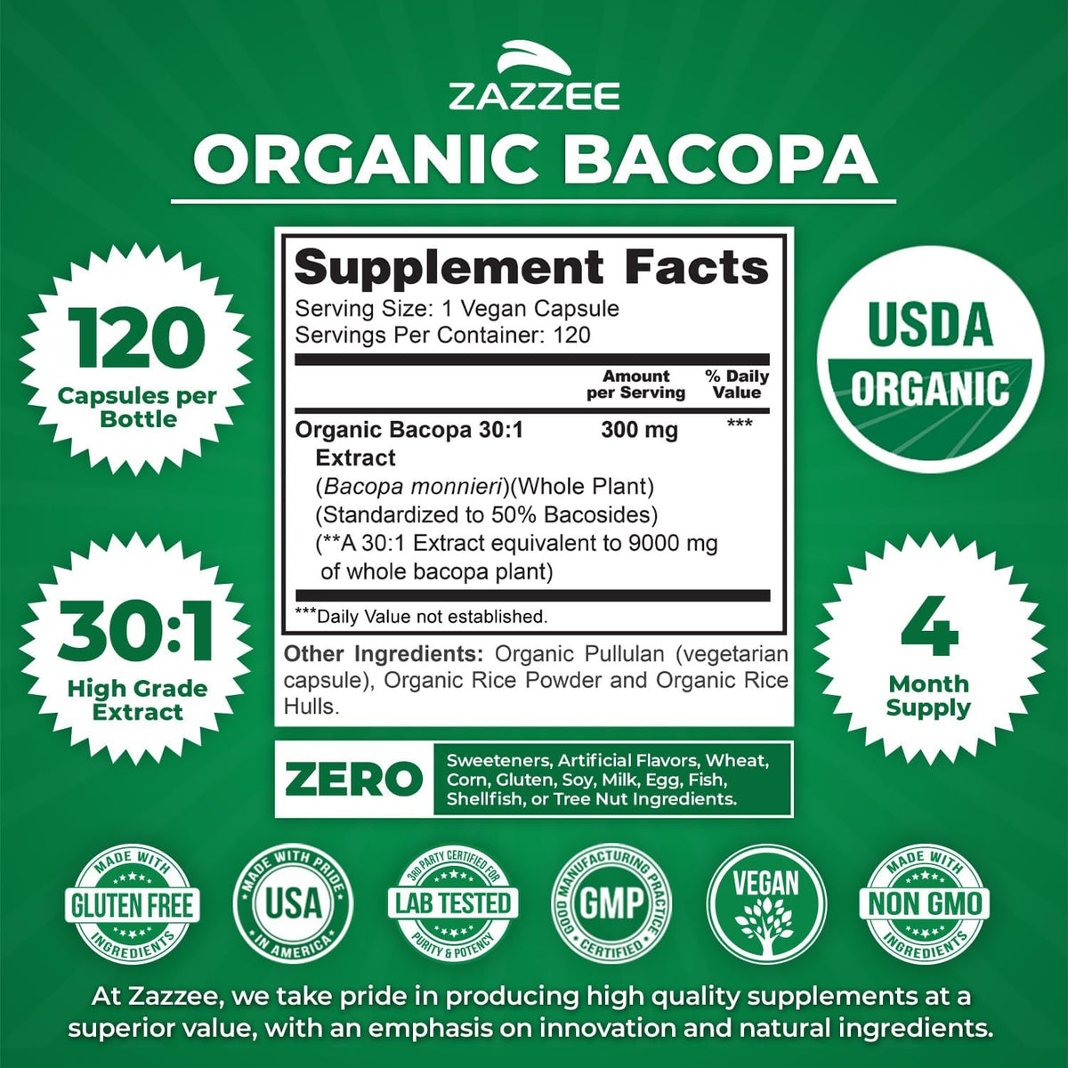 Zazzee USDA Organic Bacopa 30:1 Extract, 50% Bacosides, 120 Vegan Capsules, 4 Month Supply, Bacopa Monnieri, Cognitive, Brain & Memory Support, Non-GMO, Organic Herbal Supplement, Made in the USA - PrimeBioHealth - canada supplements
