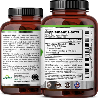Zazzee USDA Organic DGL Licorice 20:1 Extract, 120 Vegan Capsules, 4 Month Supply, Deglycyrrhizinated Licorice Root, Glycyrrhiza Glabra, Digestive & Stomach Support, All-Natural, Non-GMO, Made in USA - PrimeBioHealth - canada supplements