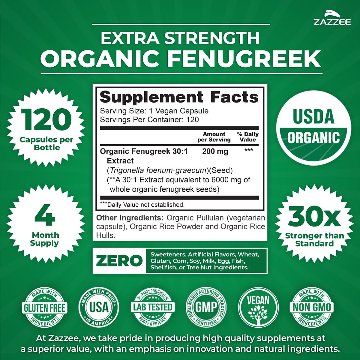 Zazzee USDA Organic Fenugreek 30:1 Extract, 120 Vegan Capsules, 4 Month Supply, Breastfeeding & Lactation Support for Nursing Mothers, Organic Herbal Supplement, All-Natural, Non-GMO, Made in the USA - PrimeBioHealth - canada supplements