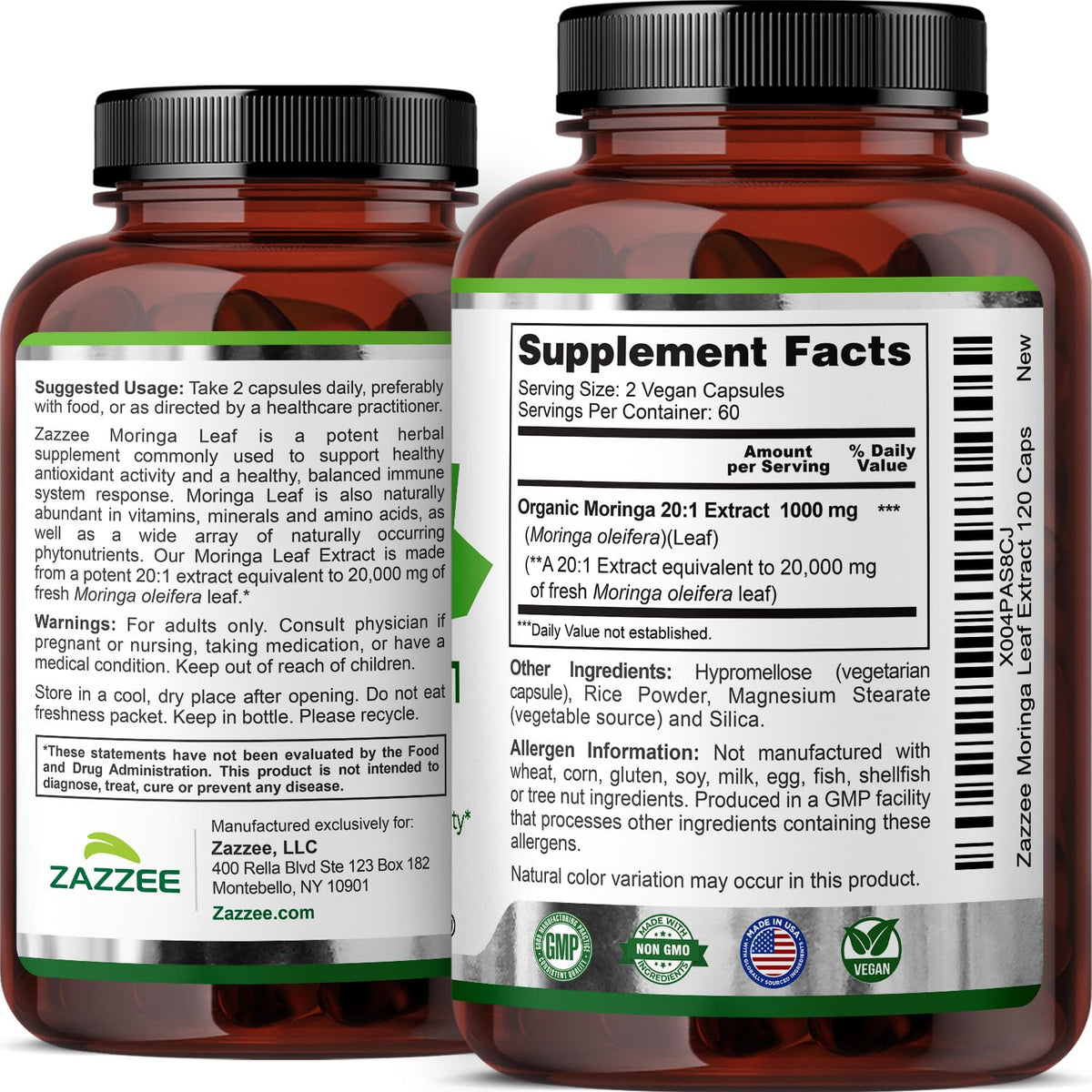 Zazzee USDA Organic Moringa Leaf 20:1 Extract, 180 Vegan Capsules, 3 Month Supply, Certified Kosher, Moringa Oleifera, Antioxidant, Immune & Cellular Support, Superfood Supplement, Made in the USA - PrimeBioHealth - canada supplements
