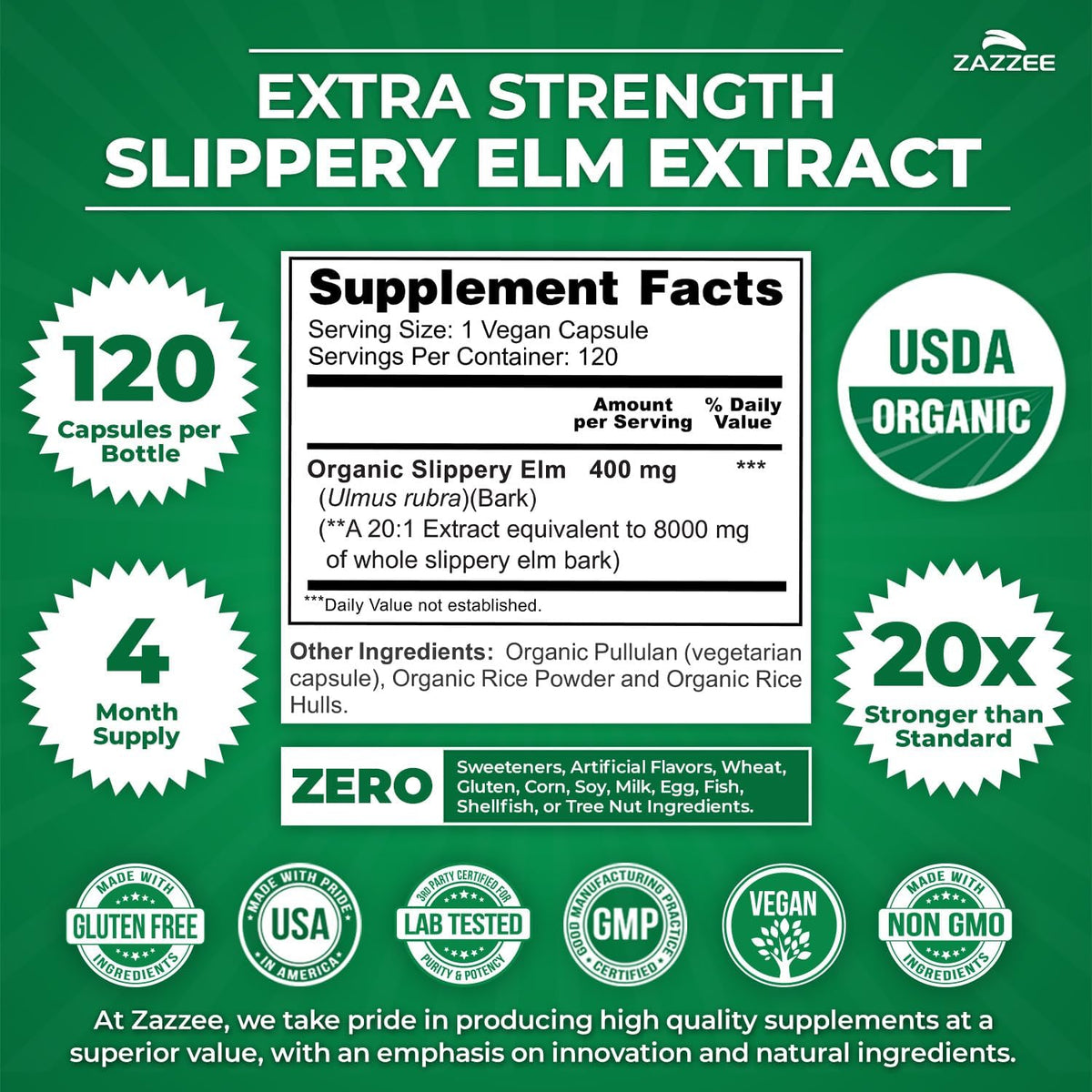 Zazzee USDA Organic Slippery Elm Bark 20:1 Extract, 120 Vegan Capsules, 4 Month Supply, Ulmus Rubra, Digestive, Throat & Mucosal Support, Herbal Supplement, All-Natural, Non-GMO, Made in the USA - PrimeBioHealth - canada supplements