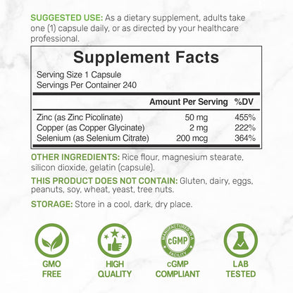 Zinc Picolinate 50mg with Copper & Selenium, 240 Capsules | 3-in-1 High Absorption Mineral Complex | Chelated Zinc Supplement for Immune Support* | 8 Month Supply - PrimeBioHealth - canada supplements